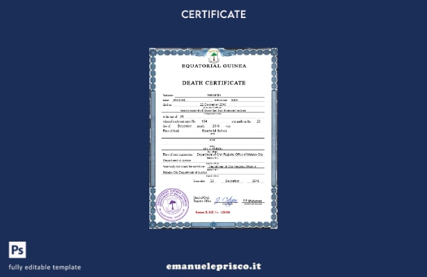modello psd del certificato di morte della Guinea Equatoriale in stile verificat